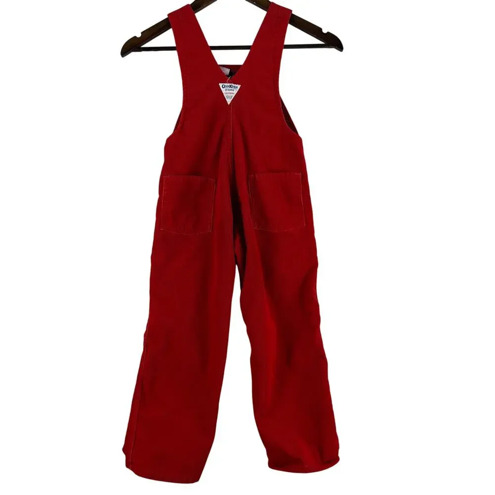 Vintage OshKosh BGosh Kids Corduroy Bib Overalls Size 5 Red Flannel Lined USA